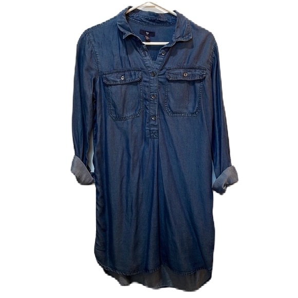 Gap Blue Denim Chambray Long Sleeve Above Knee High-Low Shirt Dress Size Small - Picture 7 of 16